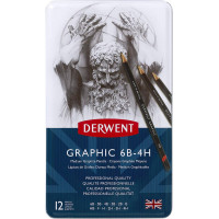 Набір чорнографітних олівців Graphic Medium 12 штук 6B-4H у металевому пеналі "Derwent"