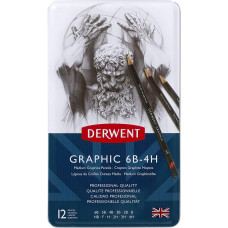 Набір чорнографітних олівців Graphic Medium 12 штук 6B-4H у металевому пеналі "Derwent"
