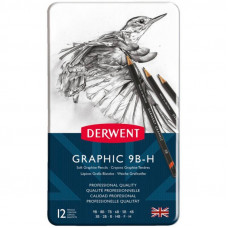 Набор чернографитных карандашей Graphic Soft 12 штук 9B-H в металлическом пеналле "Derwent"