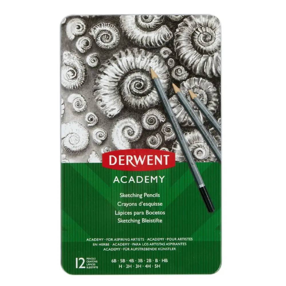 Набір чорнографітних олівців Academy Sketching Tin металевий пенал, 12 штук, 6B-5H, "Derwent"